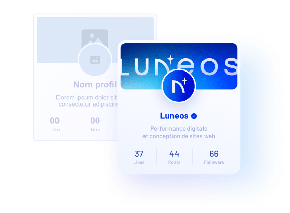 Profils de réseaux sociaux stylisés avec logo Luneos et statistiques de followers