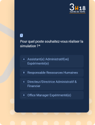Interface 3h18 : Simulation de poste, choix entre Assistant(e) Administratif(ve) expérimenté(e), Responsable RH, Directeur/Directrice Administratif & Financier, Office Manager expérimenté(e).
