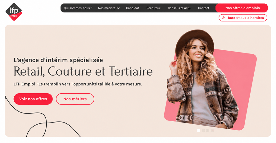LFP Emploi : agence d'intérim spécialisée dans le retail, la couture et le tertiaire. Femme souriante.