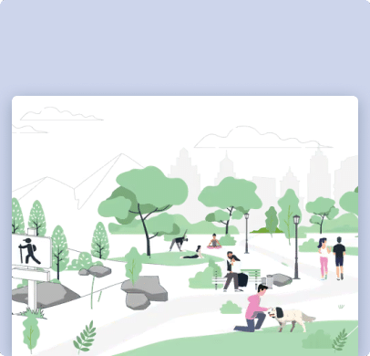 Parc de Kiomda : gens se promenant, faisant du yoga et jouant avec des chiens.