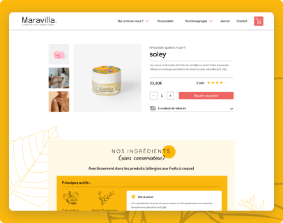 Page produit Maravilla : crème solaire soley, 22,50€