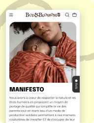 Mère et bébé dans une écharpe Bud & Blossom, texte : MANIFESTO