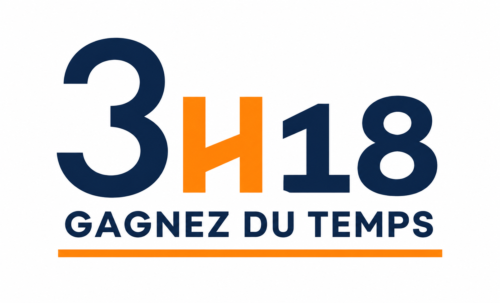 Logo 3h18 "Gagnez du temps" avec un chiffre 3, un H orange, et les chiffres 18