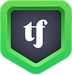 Logo "tf" sur fond sombre, contour vert, style bouclier.