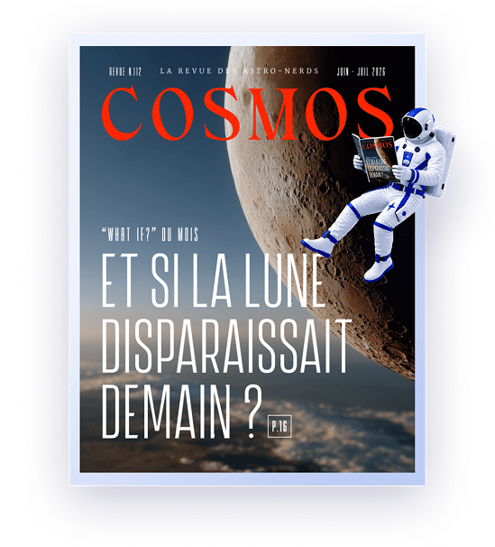 Astronaute flottant lisant un magazine COSMOS avec la Lune en arrière-plan