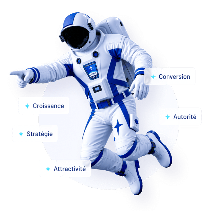 Astronaute pointant vers "Croissance", "Stratégie", "Attractivité", "Conversion" et "Autorité