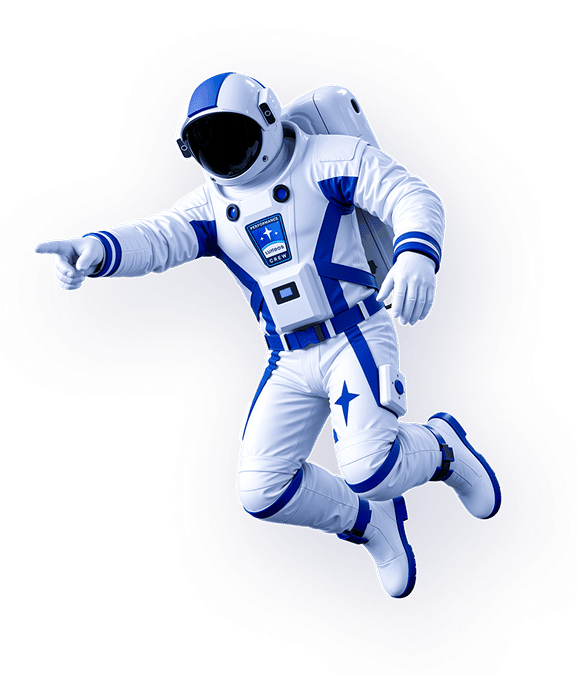 Astronaute en combinaison blanche et bleue pointant du doigt dans l'espace